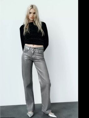 Zara Metallic Gray Wide Leg Jeans